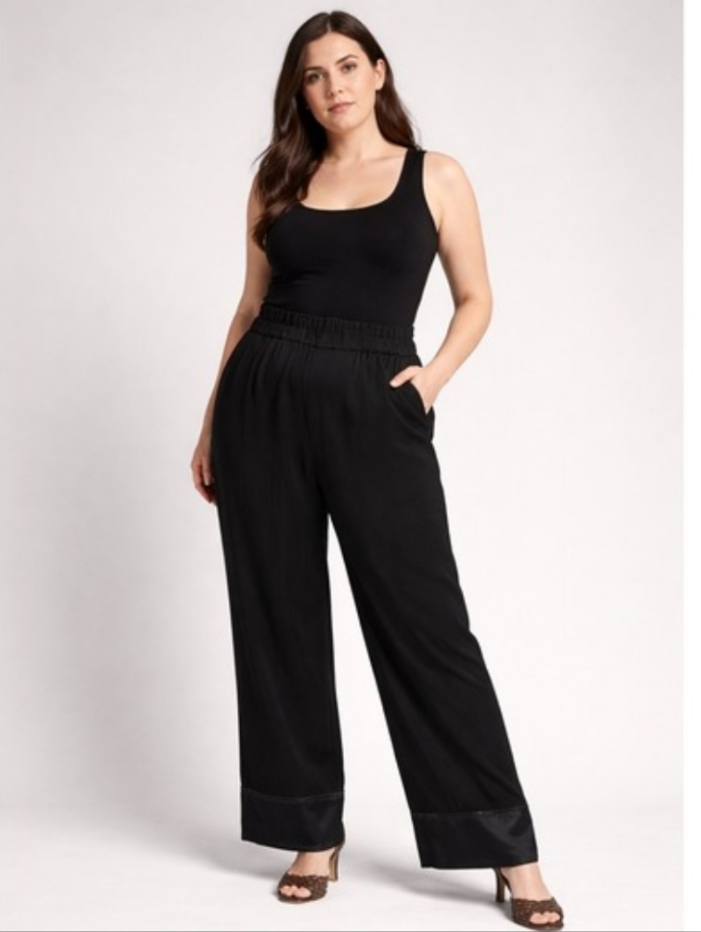Marina Luxe Twill Pull-On Pants —Wide-Leg Black Pants with Elastic Waist